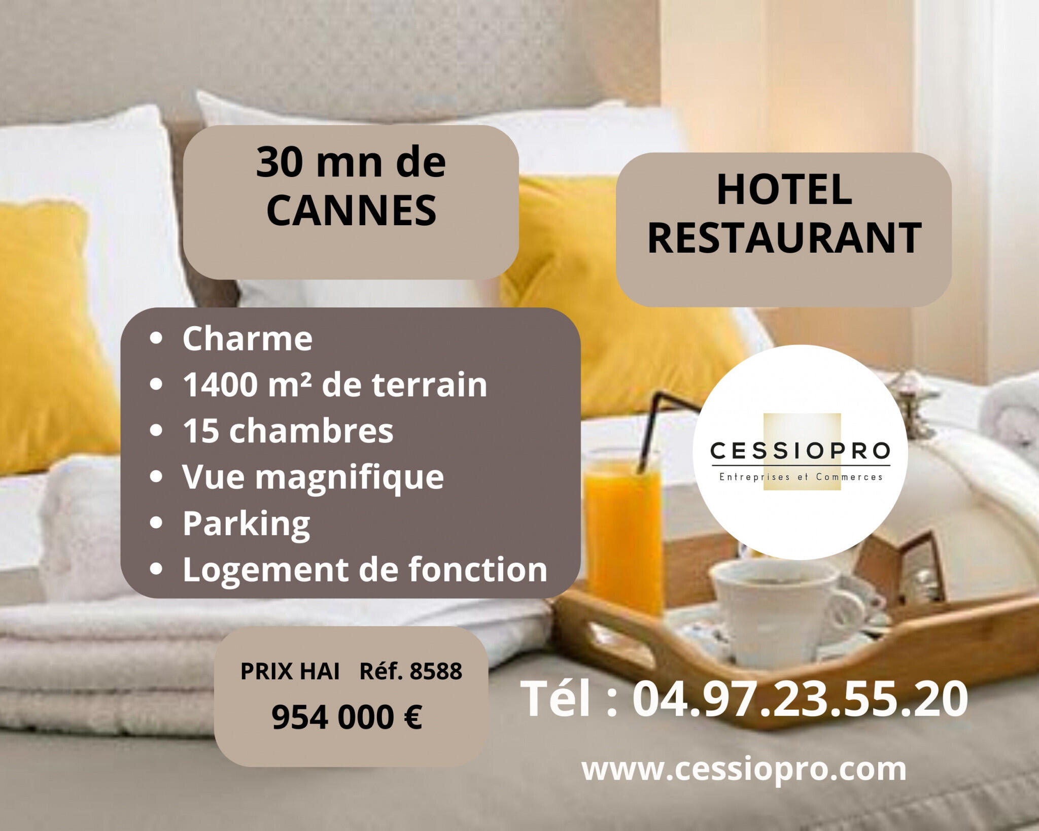 Vente hôtel restaurant de charme à 30 mn de Cannes