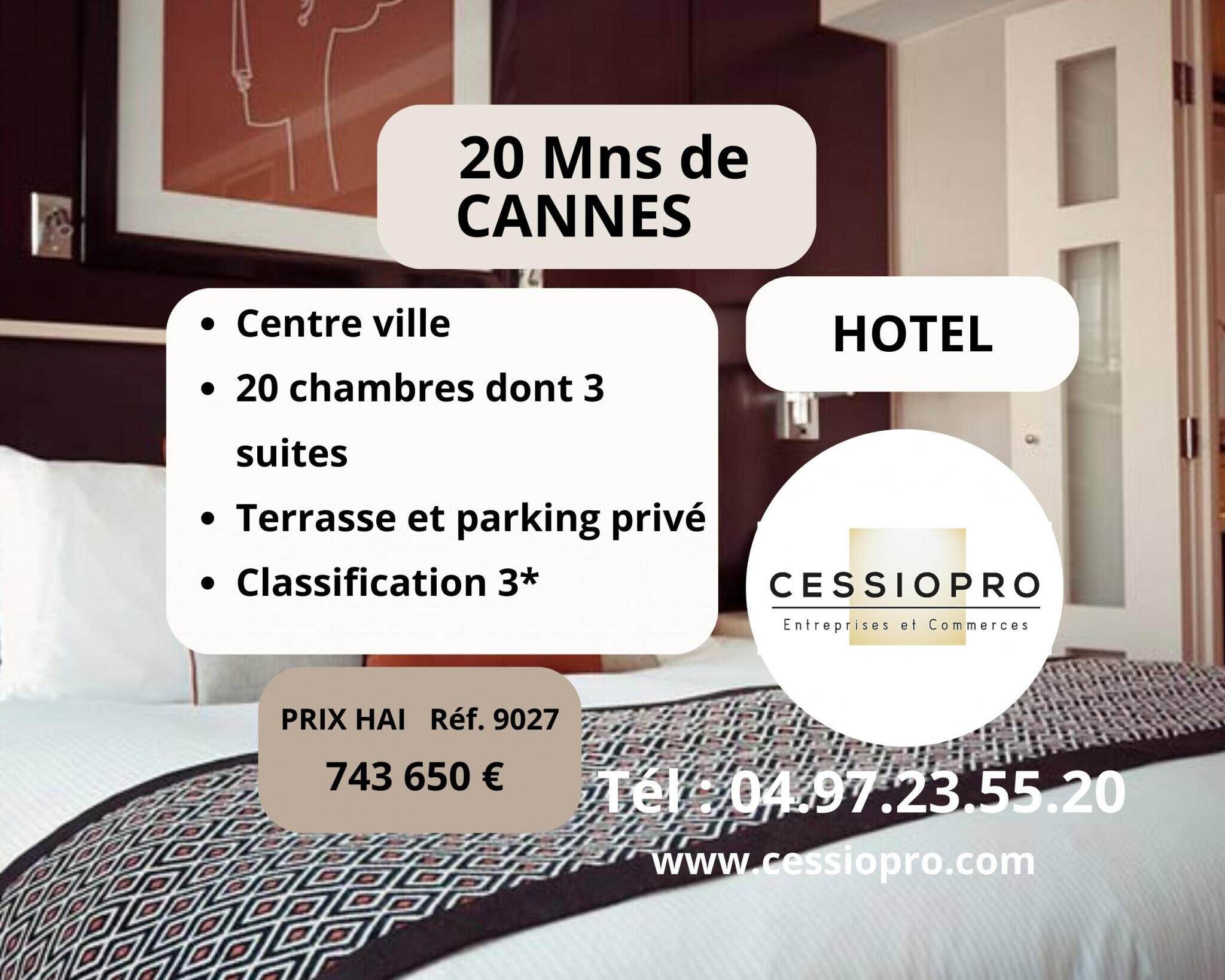 Vend hôtel vingtaine de chambre 20mns de Cannes