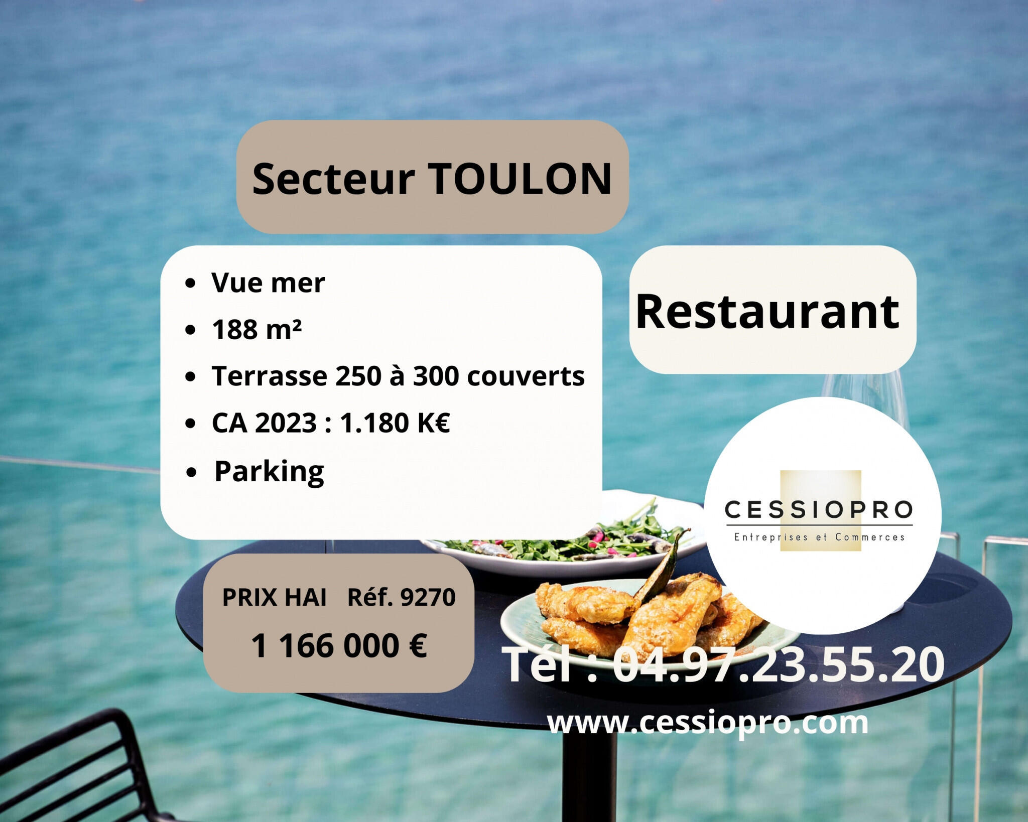 Vente magnifique restaurant vue mer proche Toulon